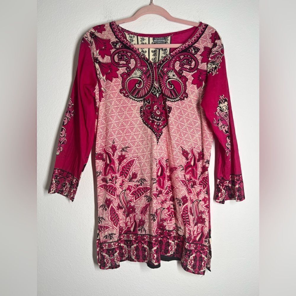 UNITY CASUAL Geo Beaded  Tunic PINK White Crinkle Artsy Shirt Top ONE SIZE